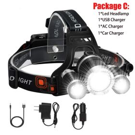 T20 LED Headlamp High Lumen 3/5 LED Light Ultra Bright Headlight USB Rechargeable 4 Modes Flashlight Waterproof Fishing Hunting (Emitting Color: 3LED Package C, Body Color: No Battery)