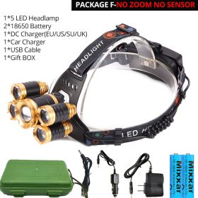 ZK25 LED Powerful Headlight headlamp 5LED Lamp Head Lamp 8000lumens Torch head light 18650 battery Best For Camping/fishing (Emitting Color: Option F, Plug Type: UK)