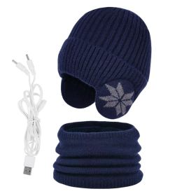 2 in 1 Winter Knitted Cap Neck Warmer USB Heated Beanie Hat Scarf Outdoor Cold Weather Rechargeable Heated Knitting Beanies (Color: Purplish Blue)